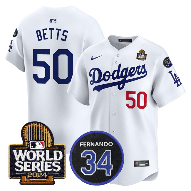 Los Angeles Dodgers #50 Mookie Betts White 2024 World Series With Fernando Memorial Patch Limited Stitched Jersey